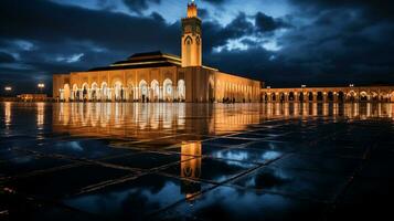 Night view of Hassan II Mosque. Generative AI photo