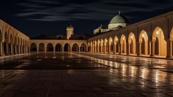 Night view of Great Mosque of Kairouan. Generative AI photo