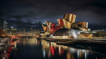 Night view of Guggenheim Museum Bilbao. Generative AI photo