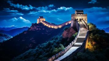 Night view of Great Wall of China. Generative AI photo