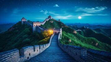 Night view of Great Wall of China. Generative AI photo