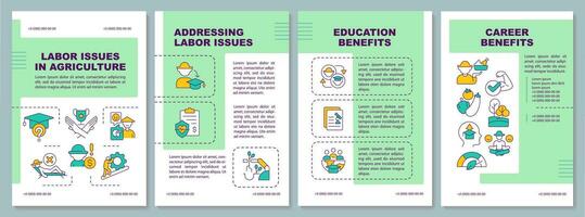 Labour issues in agriculture green brochure template. Farm worker. Food production. Leaflet design with icons. Editable 4 vector layouts for presentation, annual reports