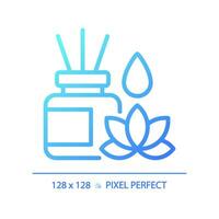 2D pixel perfect blue gradient incense sticks and lotus icon, isolated vector, meditation thin line illustration. vector