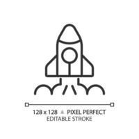 Space launch pixel perfect linear icon. Take off. Aerospace tech. Rocket ship. Lift off. Seo marketing. Thin line illustration. Contour symbol. Vector outline drawing. Editable stroke