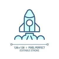 Space launch pixel perfect light blue icon. Take off. Aerospace tech. Rocket ship. Lift off. Seo marketing. RGB color sign. Simple design. Web symbol. Contour line. Flat illustration. Isolated object vector