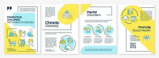 Multicolor parenting children with health issues brochure template, leaflet design with thin linear icons, 4 vector layouts.