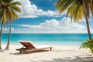 Vacation holiday recreation on beach concept background wallpaper. Beach lounger on sand beach. AI Generated. photo