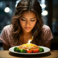 Smiling girl or woman sitting in relax mood beside group of traditional Indian dishes. AI Generated photo