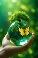 Earth crystal glass globe ball and growing tree in human hand, flying yellow butterfly on green sunny background AI Generated. photo