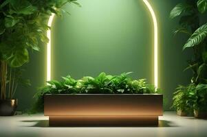 Concrete podium in tropical forest for product presentation and green wall.3d rendering AI Generated. photo