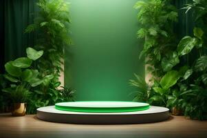 Concrete podium in tropical forest for product presentation and green wall.3d rendering AI Generated. photo