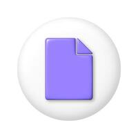 Purple sheet of paper, document icon on white round button. 3D vector illustration.