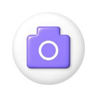 Purple camera icon on white round button. 3D vector illustration.