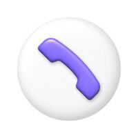 Purple telephone handset icon on white round button. 3D vector illustration.