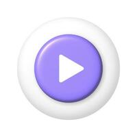 Purple start button icon on white round button. 3D vector illustration.