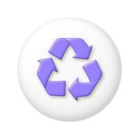 Purple arrow recycle icon on white round button. 3D vector illustration.