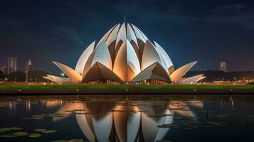 Night view of Lotus Temple. Generative AI photo