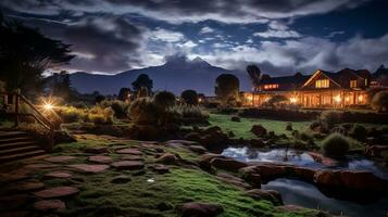 Night view of Mount Kenya Safari Club. Generative AI photo