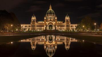 Night view of Royal Exhibition Building. Generative AI photo