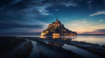 Night view of Mont Saint-Michel. Generative AI photo