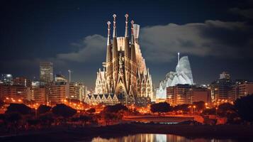 Night view of Sagrada Familia. Generative AI photo