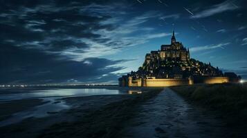 Night view of Mont Saint-Michel. Generative AI photo