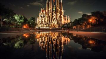 Night view of Sagrada Familia. Generative AI photo