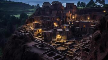 noche ver de excavado en la roca iglesias de lalibela. generativo ai foto