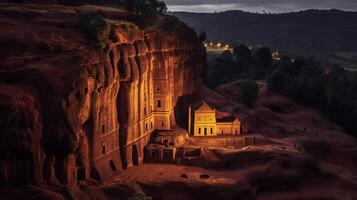 noche ver de excavado en la roca iglesias de lalibela. generativo ai foto