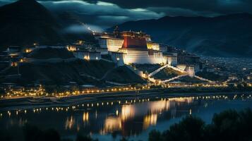 Night view of Potala Palace. Generative AI photo