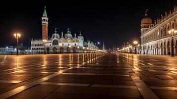 Night view of Piazza San Marco. Generative AI photo