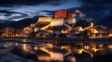 Night view of Potala Palace. Generative AI photo