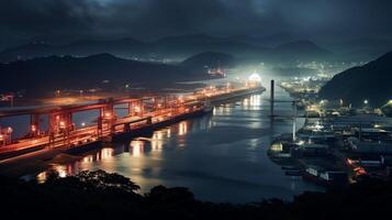 Night view of Panama Canal. Generative AI photo