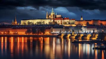 Night view of Prague Castle. Generative AI photo