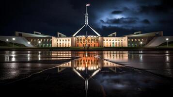 Night view of Parliament House. Generative AI photo