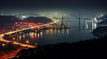 Night view of Panama Canal. Generative AI photo