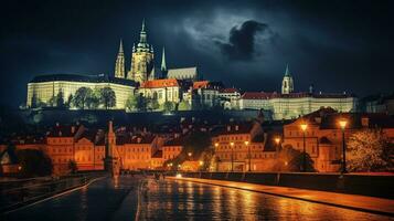 noche ver de Praga castillo. generativo ai foto