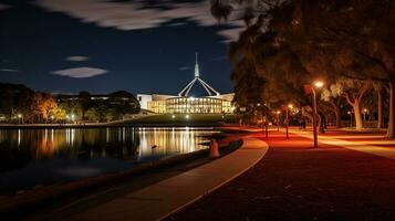 Night view of Parliament House. Generative AI photo