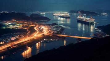 Night view of Panama Canal. Generative AI photo