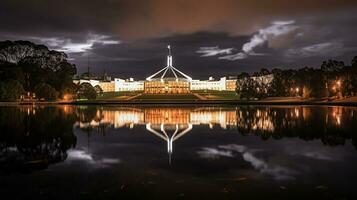 Night view of Parliament House. Generative AI photo