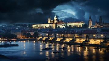 noche ver de Praga castillo. generativo ai foto