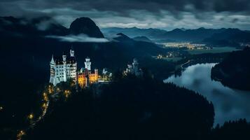 Night view of Neuschwanstein Castle. Generative AI photo