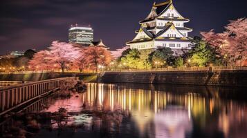 Night view of Osaka Castle. Generative AI photo