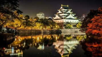 Night view of Osaka Castle. Generative AI photo