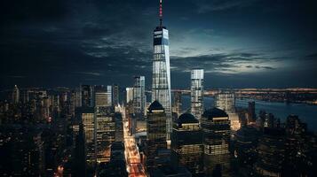 Night view of One World Trade Center. Generative AI photo