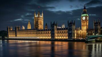 Night view of Palace of Westminster. Generative AI photo