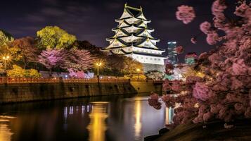 Night view of Osaka Castle. Generative AI photo
