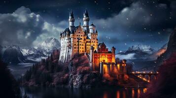 Night view of Neuschwanstein Castle. Generative AI photo