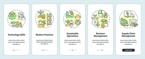 Skills required in agriculture onboarding mobile app screen. Walkthrough 5 steps editable graphic instructions with linear concepts. UI, UX, GUI template vector