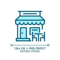 2D pixel perfect editable blue cafe icon, isolated vector, building thin line illustration. vector